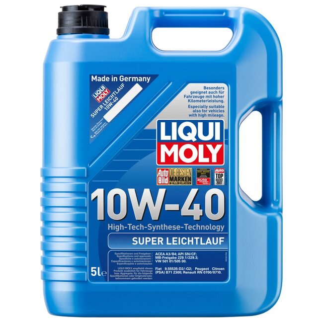 Масло синтетическое 10w40 Liqui Moly Super Leichtlauf, API SN, ACEA A3/B4, MB 229.1/229.3, VW 501 01/505 00. Канистра 5 литр